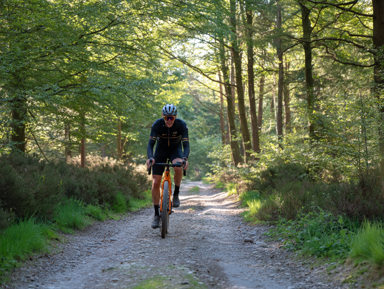 Gravel biker op onverhard pad door de natuur